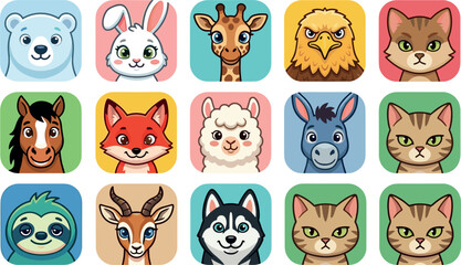 Fototapeta premium A diverse collection of fifteen cute cartoon animal avatar icons featuring a polar bear, rabbit, giraffe, eagle, fox, horse, cat, dog, and sloth isolated on white.