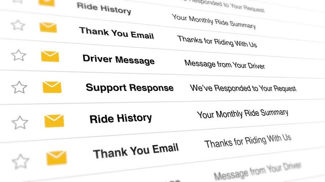 A video shows a close-up of an email inbox on a computer screen with unread messages and support responses related to ride history and driver communication.