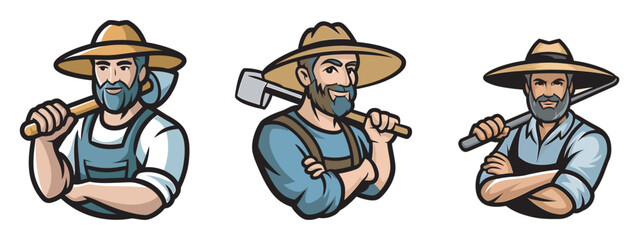 Fototapeta premium Professional farmer character illustrations with agriculture tools for rural branding.