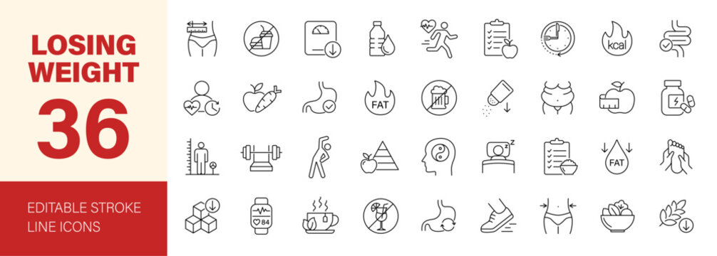 Losing Weight icon set. Editable line icons. Vector illustration.