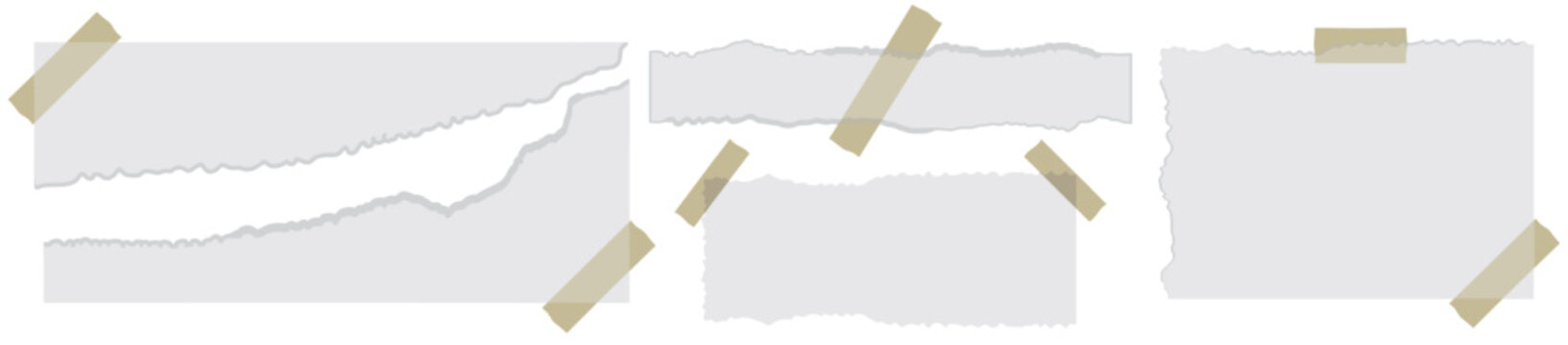 White torn paper post it notes set with duct tape isolated on transparent background