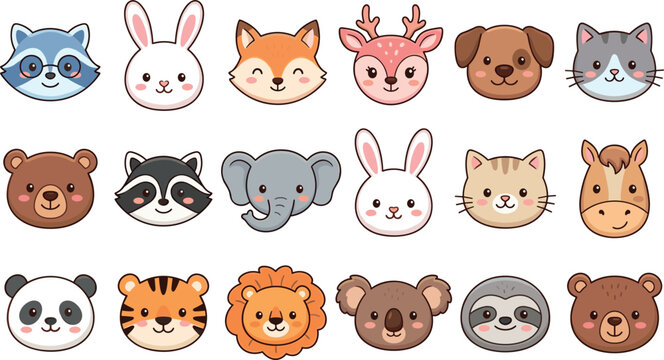 A diverse collection of eighteen cute cartoon animal face icons featuring a raccoon, rabbit, fox, deer, dog, cat, bear, elephant, panda, tiger, lion, koala, and sloth isolated on white.