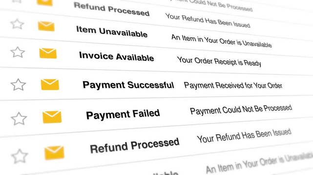 A close-up video of a computer screen displaying various email notifications related to payment statuses