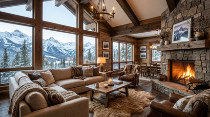 Obraz premium Cozy mountain lodge living room with fireplace and stunning snowy peak views