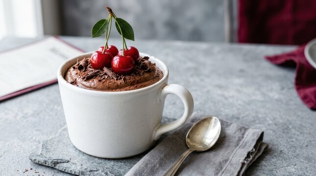 Rich chocolate mousse dessert topped with fresh cherries and chocolate shavings