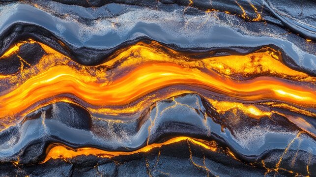 hardening. Macro detail of glowing molten metal solidifying on a textured dark metallic surface. safety posters, maintenance manuals, designed for precision metalworking and fabrication facilities.