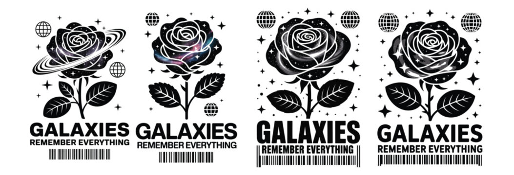 Streetwear rose flower design set with galaxies text and celestial outer space elements