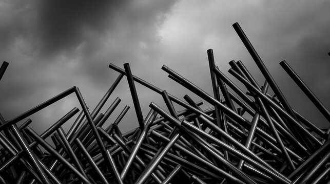 directional. Geometric metal beams against cloudy sky, industrial abstraction with strong contrast. safety posters.