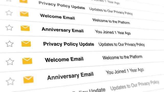 A video shows an inbox with multiple unread emails including welcome messages, anniversary emails, and privacy policy updates on a computer screen.