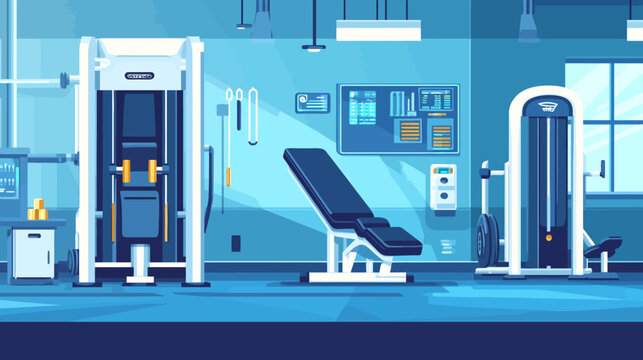 Stylized digital illustration of an empty gym with modern exercise equipment, rendered in cool blue hues