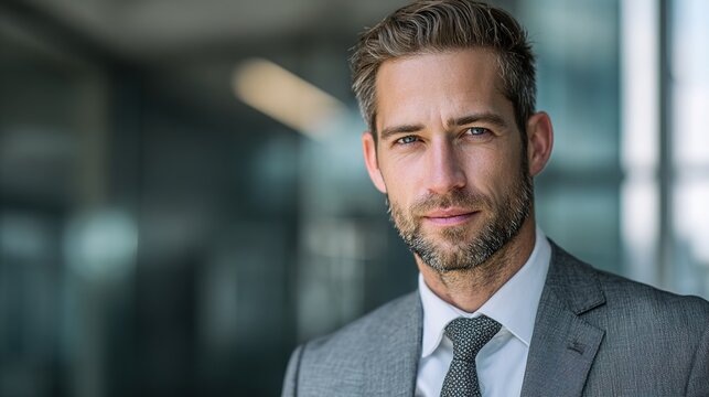 leader. Confident businessperson in grey suit against a softly blurred office background. pitch deck slides, case study pages, designed for enterprise HRIS and productivity software interfaces.