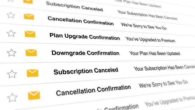 A video shows a close-up view of a computer screen displaying various email notifications related to subscription plan changes and cancellations