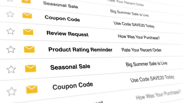 A video shows a blurry screenshot of an email inbox with various promotional messages and reminders on a computer screen
