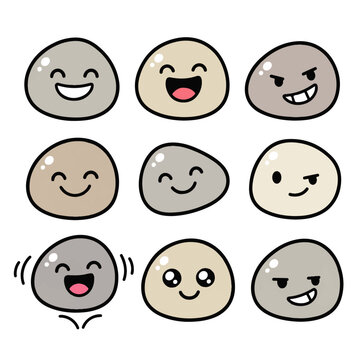 cute grinning pebble doodle character set