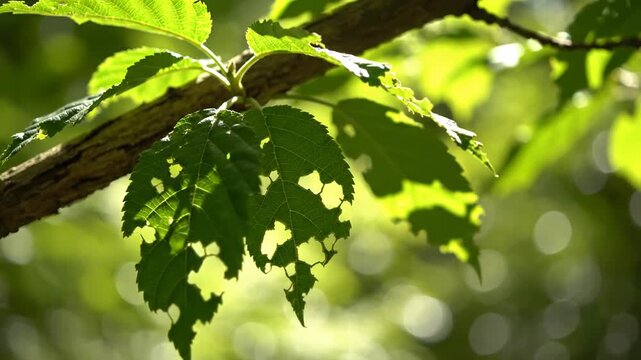 Closeup of green leaves with insect damage on tree branch