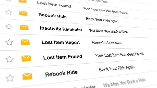 Email inbox notifications display various automated service alerts for ride sharing customers in this motion video clip showing dynamic digital interface updates scrolling vertically on a modern sleek