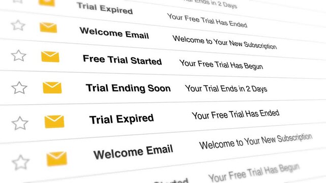 Email notifications list displaying automated subscription trial status alerts with yellow envelope icons scrolling in dynamic digital motion video sequence designed for modern business communication