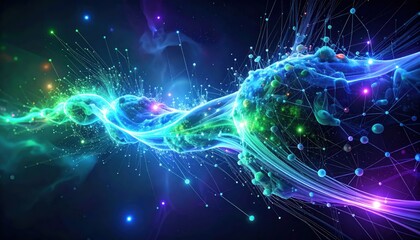 Fototapeta premium Abstract digital network of glowing particles and nebulae in vibrant blue and green
