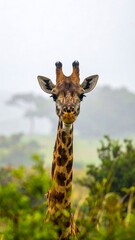 Obraz premium Tall giraffe in lush green landscape, gazing at viewer on a foggy day