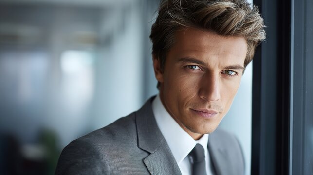 leader. Confident businessperson in grey suit against a softly blurred office background. pitch deck slides, case study pages, designed for enterprise HRIS and productivity software interfaces.