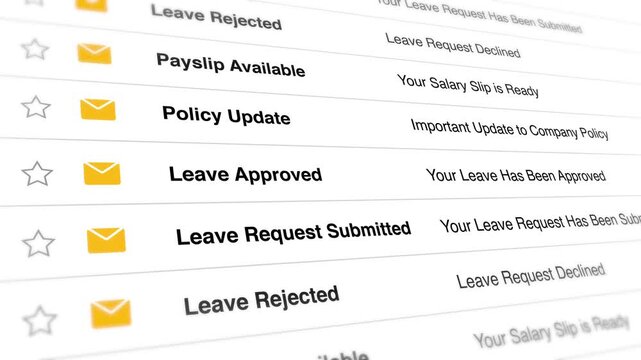 A video shows a blurry close-up view of an email inbox with various leave request notifications on a computer screen displaying messages and alerts