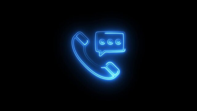 Neon phone with speech bubble glowing blue on black background communication symbol
