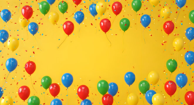 Vibrant balloons in a circular pattern against a bright yellow background.