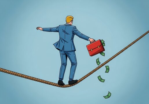Businessman balancing on a tightrope with money falling