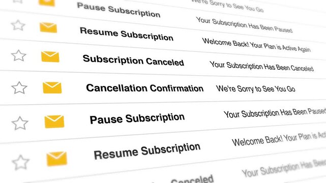 A close-up video shows a computer screen displaying various subscription management options on a website including pause subscription, resume subscription, and cancellation confirmation.