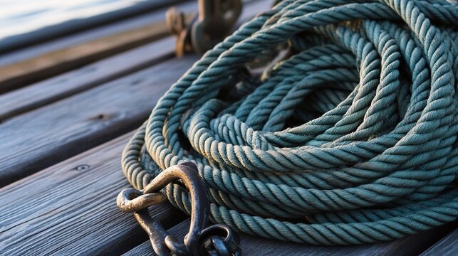 carabiners. Coiled ropes, pulleys, and carabiners on weathered wooden dock planks. mobility guides, transit brochures, designed for transport & logistics marketing, used by government communicators.