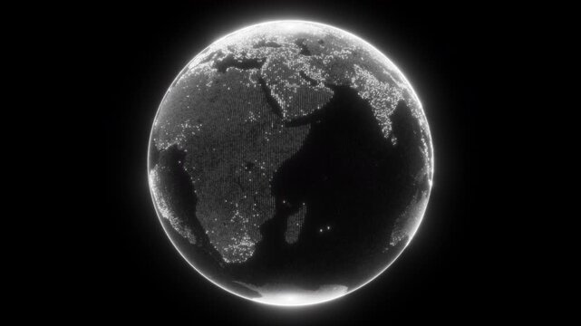 Digital white dotted planet earth loop animation isolated on a black background. Rotating stylized world globe with square particles. Big data technology, business, communication, or digital concept
