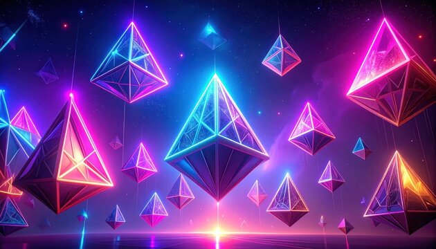 Abstract glowing neon pyramids suspended in a starry cosmic digital space with vibrant light flares