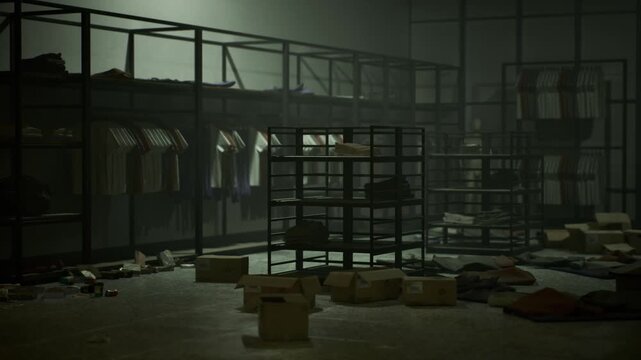Stockroom scene with scattered boxes and hanging garments, inventory clerk role imagined tagging merchandise, muted midcentury lighting and concrete floor
