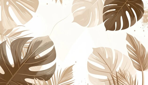 Abstract Montera leaves in warm beige and brown tones artistic illustration natural organic shapes