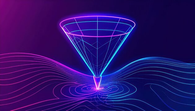 Abstract neon funnel vortex with swirling light streams futuristic digital art vibrant purple and blue glow