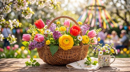 Naklejka premium Colorful spring flowers in wicker basket on wooden table with teacup. Fresh floral arrangement concept for seasonal celebrations