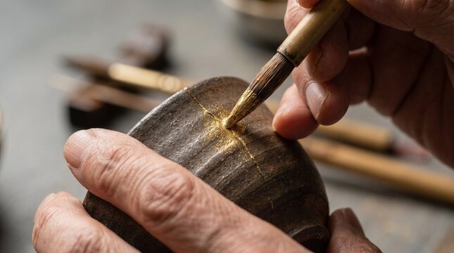 日本の伝統工芸「金継ぎ」で黒陶器を修理する職人の手元。筆で金漆を施す修復工程のクローズアップ写真素材