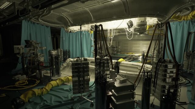 Dimly lit space station maintenance bay with industrial storage crates, hanging cables, mobile tool carts, curtained bulkheads, emergency LED strips, metallic