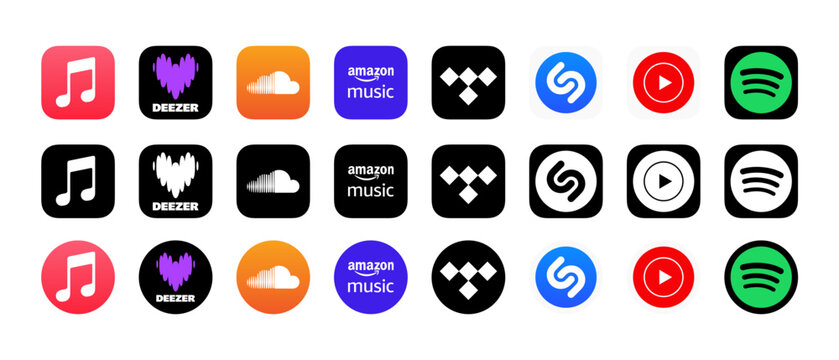 Spotify, Apple music, Deezer, Soundcloud, YouTube music, Amazon music, Pandora, Tidal. Popular music streaming services logo icon set. vector buttons