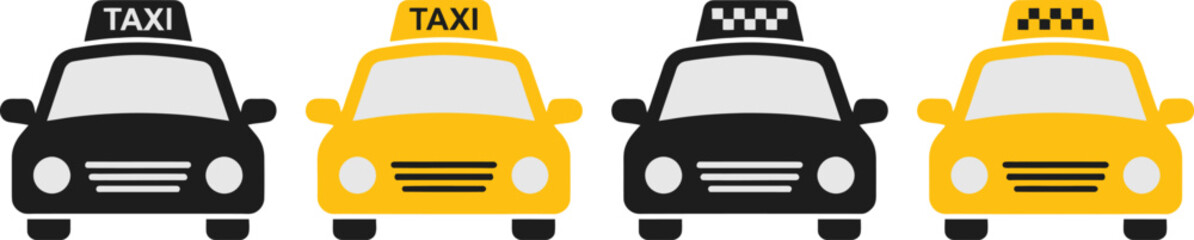 Four different taxi cars in black and yellow isolated on white background, Vector © DesignVirtuoso