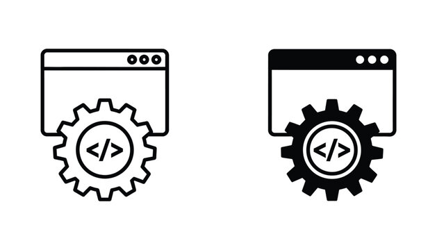 Web development icon set with browser window and gear gear mechanism in black and white line art vector style for software engineering and coding services