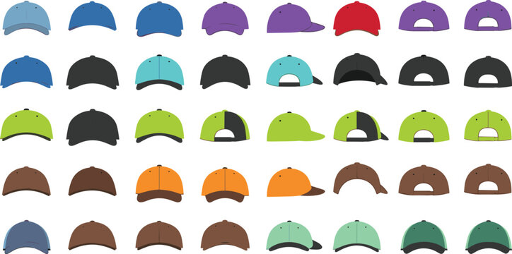 Large set of colorful baseball caps shown in front side and back views in various colors isolated on white background flat style vector illustration