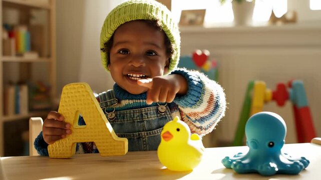 Happy child playing with alphabet toy at table. Smiling boy points finger holding letter A. Toddler learning alphabet with yellow toy. Cute child shows emotion while playing. Boy points at duck.