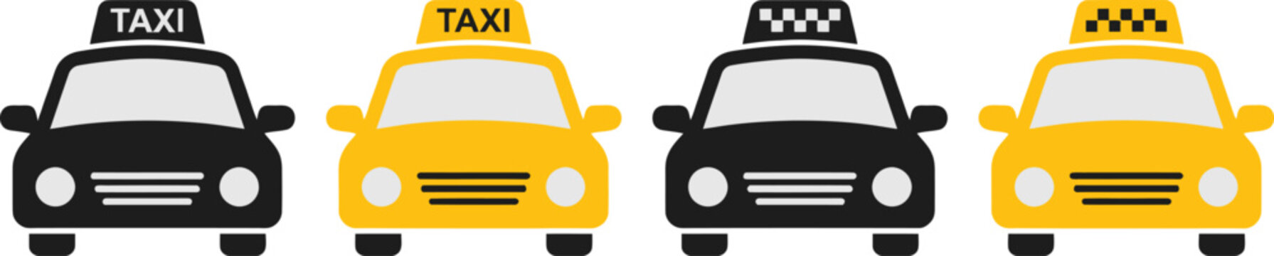 Four different taxi cars in black and yellow isolated on white background, Vector