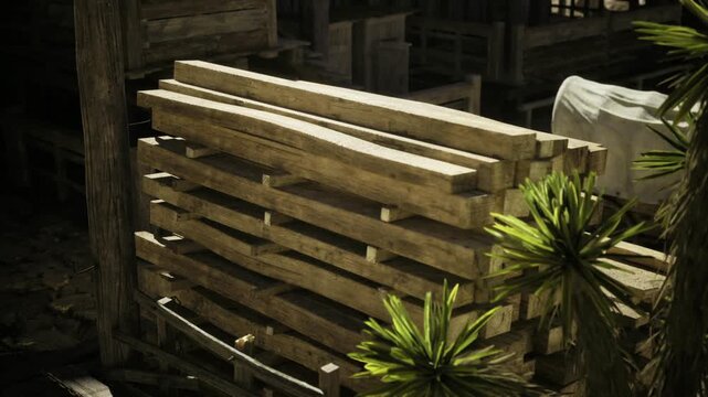 Sunlit stacked lumber beside yucca plant, weathered planks leaning against barn siding, warm golden light, dusty desert atmosphere, rugged texture for vintage