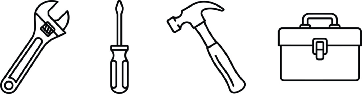 Set of black line icons with tools and toolbox isolated on white background, Vector