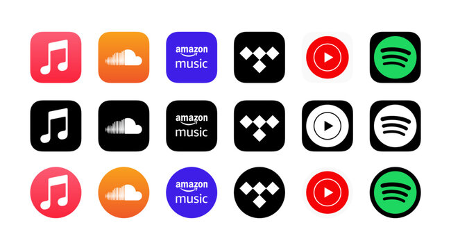 Spotify, Apple music, Deezer, Soundcloud, YouTube music, Amazon music, Pandora, Tidal. Popular music streaming services logo icon set. vector buttons