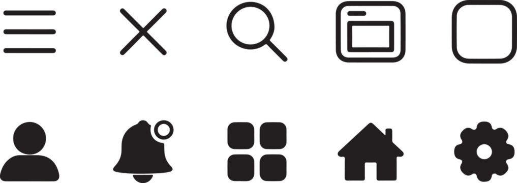 Vector graphic illustration of various interface icons and symbols in black on white background