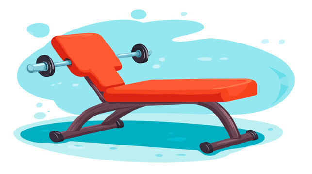 Digital illustration of an orange weight bench with a barbell, set against a blue background