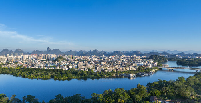 Morning Panorama of Guilin City with Li River and Karst Mountains